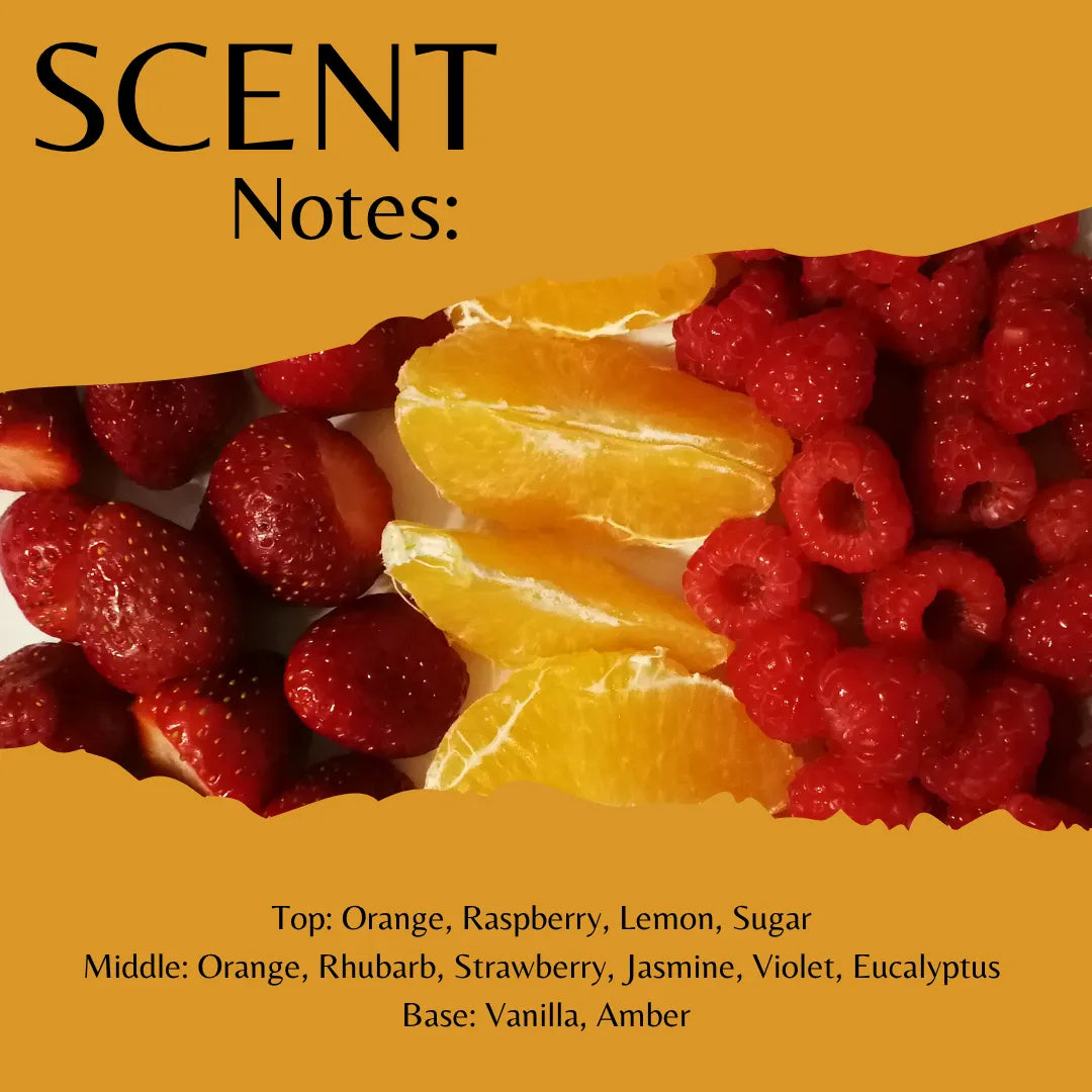 A scent notes graphic with a mustard-yellow background and a torn-paper style photo of red strawberries, orange slices, and raspberries. Large text reads 'SCENT Notes:' with flavor notes listed below in black.