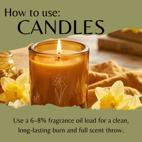 An informational graphic titled 'How to use: CANDLES' shows a lit amber glass candle jar with a flower engraving, surrounded by daffodils and soft fabric on a tabletop. Text explains using fragrance oil load for a clean long-lasting burn.