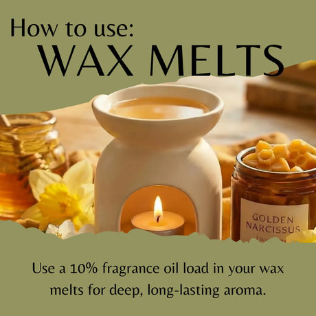 Instructional graphic titled 'How to use: WAX MELTS' showing a white wax warmer with a lit tea light candle, honey, flowers, and a jar labeled 'GOLDEN NARCISSUS' on a warm olive-green background with text explaining fragrance oil loading.