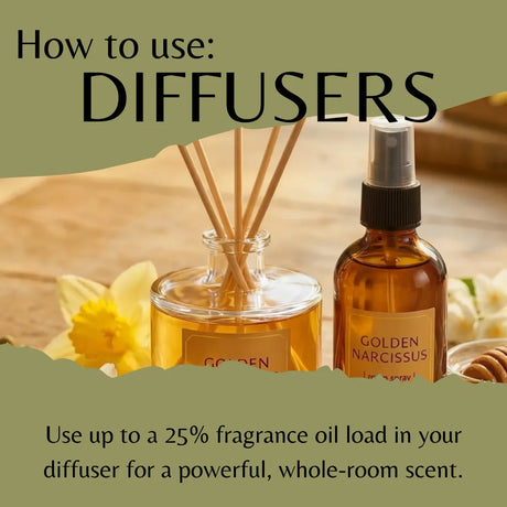 An informational graphic titled 'How to use: DIFFUSERS' showing a clear glass reed diffuser bottle with wooden reeds and an amber spray bottle labeled 'GOLDEN NARCISSUS' on a warm tabletop with flowers.
