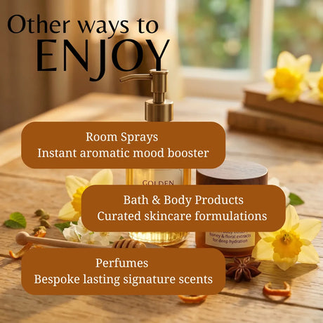 A golden pump bottle labeled GOLDEN is displayed on a wooden table with decorative flowers and text overlays reading 'Other ways to ENJOY' plus three callouts for room sprays, bath & body products, and perfumes.