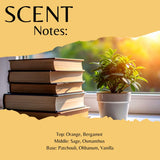 A scent profile graphic titled 'SCENT Notes:' with a warm yellow background and a torn-paper effect revealing a photo of stacked books and a potted plant by a sunlit window. Text lists fragrance notes: Top: Orange, Bergamot; Middle: Sage, Osmanthus; Base: Patchouli, Olibanum, Vanilla.