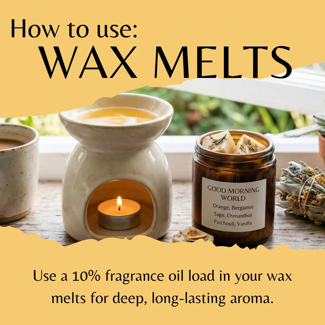 An informational graphic titled 'How to use: WAX MELTS' shows a white ceramic wax warmer with a lit tealight candle, a jar of Good Morning World wax melts, and text explaining that fragrance oil should be used in wax melts for deep, long-lasting aroma.