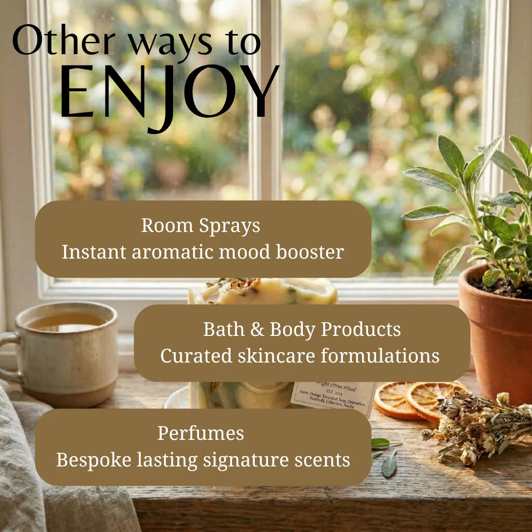 Promotional graphic with the text 'Other ways to ENJOY' over a cozy window scene. The image shows a cup of tea, a potted plant, dried orange slices, and layered soap bars on a windowsill, with text overlays listing 'Room Sprays', 'Bath & Body Products', and 'Perfumes'.