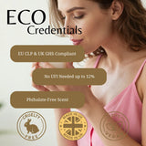 A promotional graphic for 'ECO Credentials' featuring a woman in a pink camisole holding a cup, with text highlighting compliance, fragrance claims, and certification badges including Cruelty Free, Made in UK, and 100% Vegan.