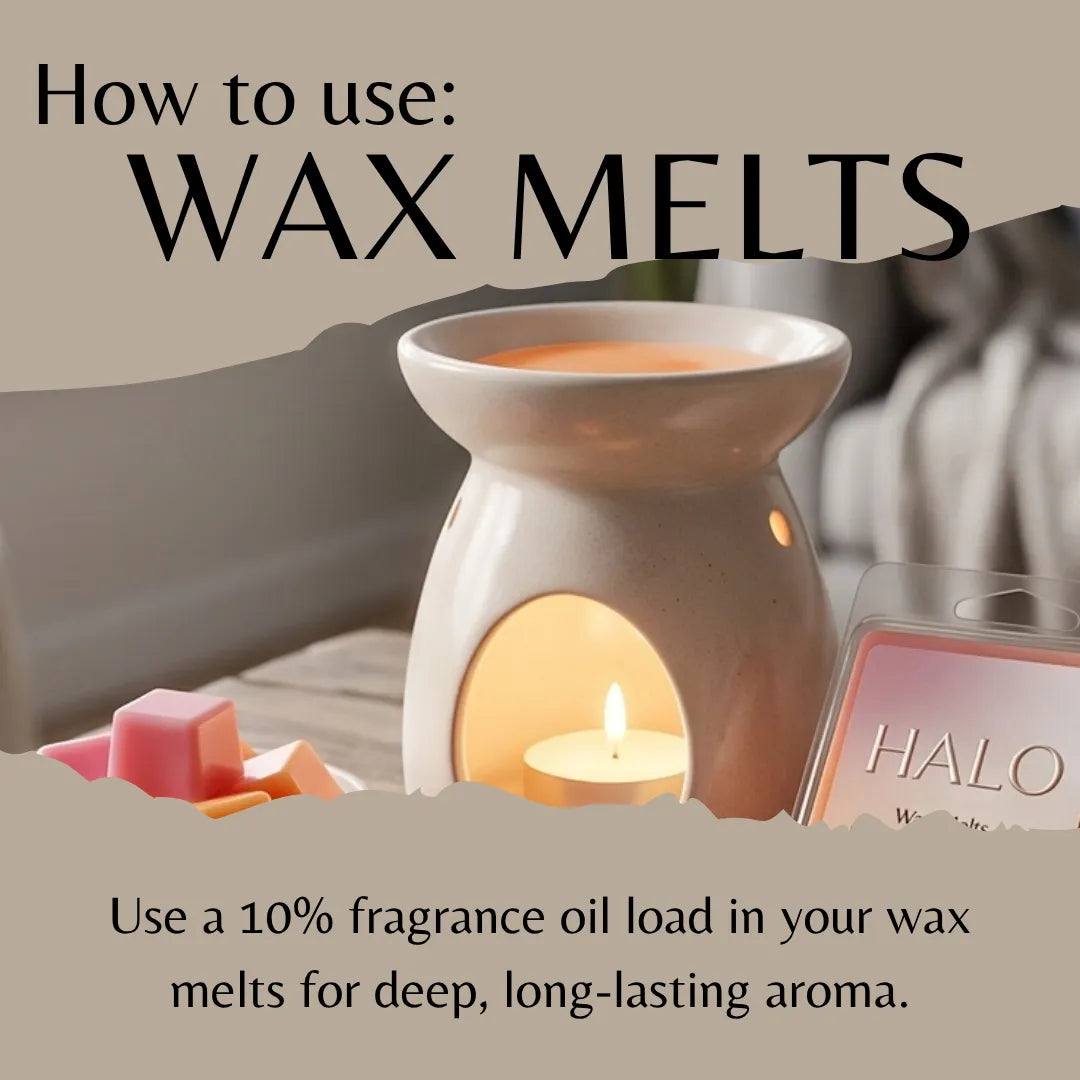 Instructional graphic titled 'How to use: WAX MELTS' showing a ceramic wax warmer with a lit candle inside, fragrance oil in the top, and wax melts nearby, with text explaining fragrance oil load for deep aroma.