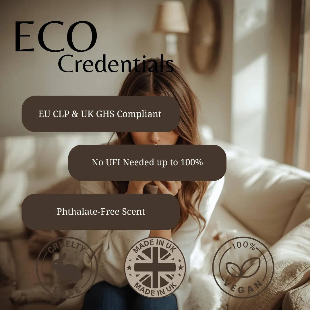 A promotional graphic for a scent product with the headline 'ECO Credentials' over a softly lit living-room scene. A woman sits on a sofa holding a cup, with three dark rounded text banners reading 'EU CLP & UK GHS Compliant', 'No UFI Needed up to 100%', and 'Phthalate-Free Scent'.