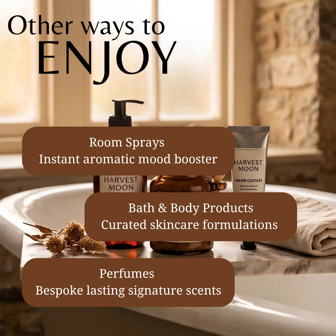 Promotional graphic for Harvest Moon products showing bath and body items on a bathroom counter: a room spray bottle, a tube labeled moon cotton, and a brown bottle, with text overlays reading 'Other ways to ENJOY' and descriptions for room sprays, bath & body products, and perfumes.