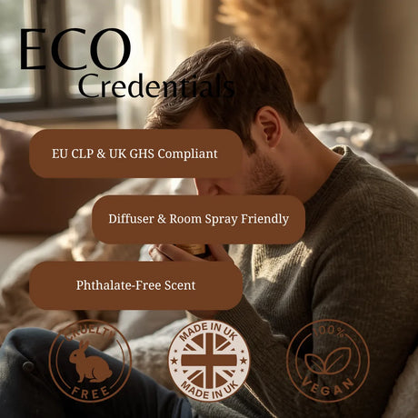 A man in a cozy room wearing a gray knit sweater, holding a mug, with large text reading 'ECO Credentials' and feature callouts including 'EU CLP & UK GHS Compliant', 'Diffuser & Room Spray Friendly', 'Phthalate-Free Scent', plus certification-style icons for cruelty free, made in UK, and vegan.