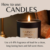 Instructional graphic titled 'How to use: CANDLES' showing a lit black candle jar labeled 'Harvest Moon Candle' with warm text about fragrance oil load, set against a cozy indoor background.