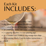 An informational graphic with the heading 'Each Kit INCLUDES:' over a warm tan background and a softly blurred photo of wax pouring into jars. A bulleted list details included items such as 12 Oxford jars, 4kg SoyaLuna wax blend, Hawaiian Honey Blossom oil bottles, wicks, pouring nozzles, wooden wick holders, orange dye chips, and instruction materials.