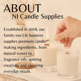 Promotional graphic for NI Candle Supplies featuring a hand lighting a white candle with a wick, alongside a glass candle holder, with overlaid text about the business.