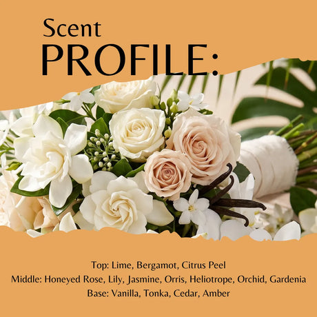 Scent profile graphic for a floral fragrance, showing a bouquet of white and blush peach roses with green leaves on a tan background with text listing notes: lime, bergamot, citrus peel, honeyed rose, lily, jasmine, orris, heliotrope, orchid, gardenia, vanilla, tonka, cedar, and amber.