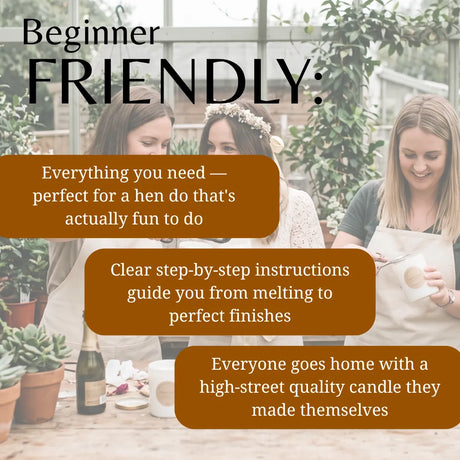 Promotional graphic for a beginner-friendly candle-making kit, featuring three women in a greenhouse setting with text overlays highlighting key selling points: everything included, clear step-by-step instructions, and high-quality results.