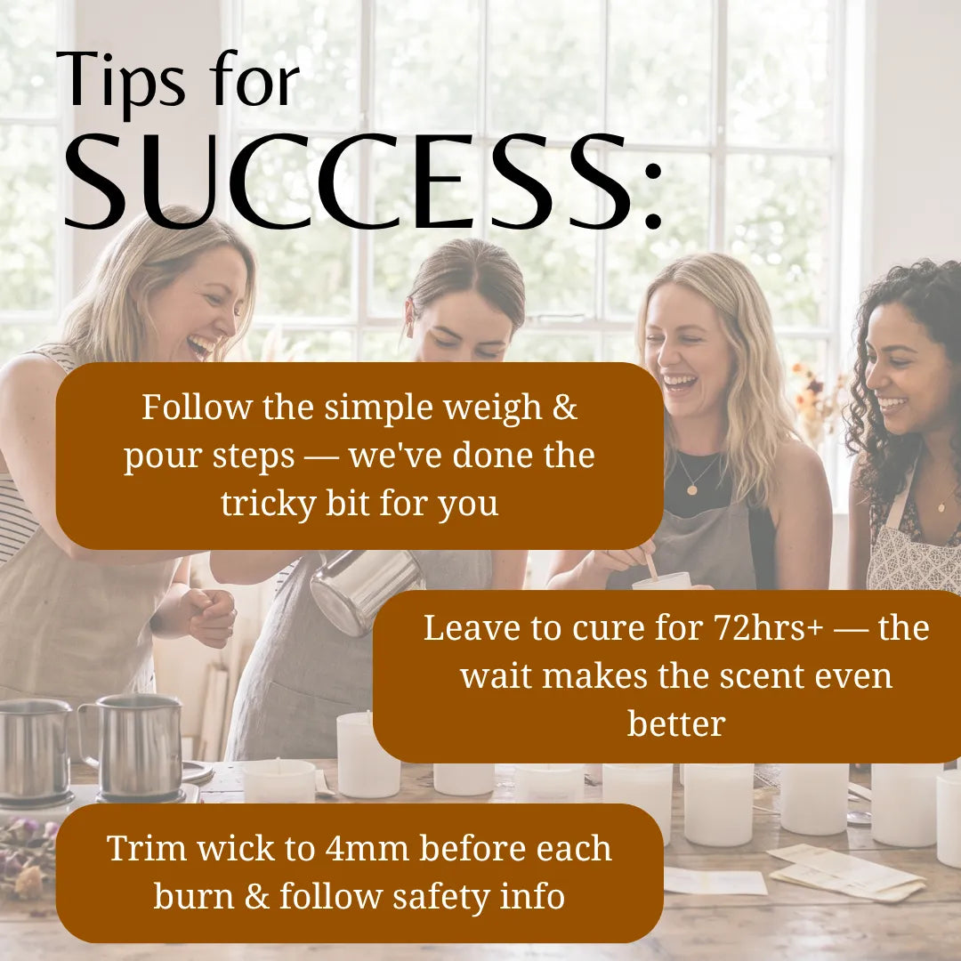 Promotional graphic with the headline 'Tips for SUCCESS:' over a softly blurred photo of four women in a kitchen. Three brown text boxes give tips about weighing and pouring steps, curing time, and trimming the wick.