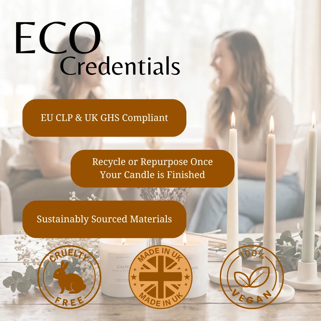 Promotional graphic for 'ECO Credentials' featuring a blurred background of two women and a foreground candle table setting with lit white candles, brown text callouts, and circular badges for cruelty-free, made in UK, and vegan.