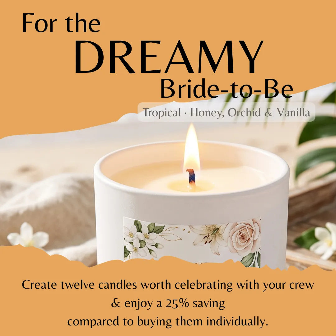 A promotional product graphic for a candle. A white candle in a white vessel is shown lit, with a floral label on the front.