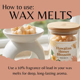 Instructional graphic showing a jar of Hawaiian Honey Blossom wax melts next to a white wax warmer with flower-shaped melts, with text explaining how to use wax melts.