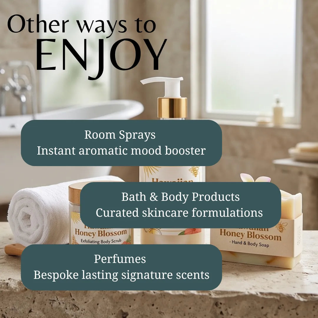 Promotional graphic for wellness and spa products showing a bathroom scene with a pump bottle, rolled towel, and hand & body soap bar labeled Honey Blossom, overlaid with text about room sprays, bath & body products, and perfumes.