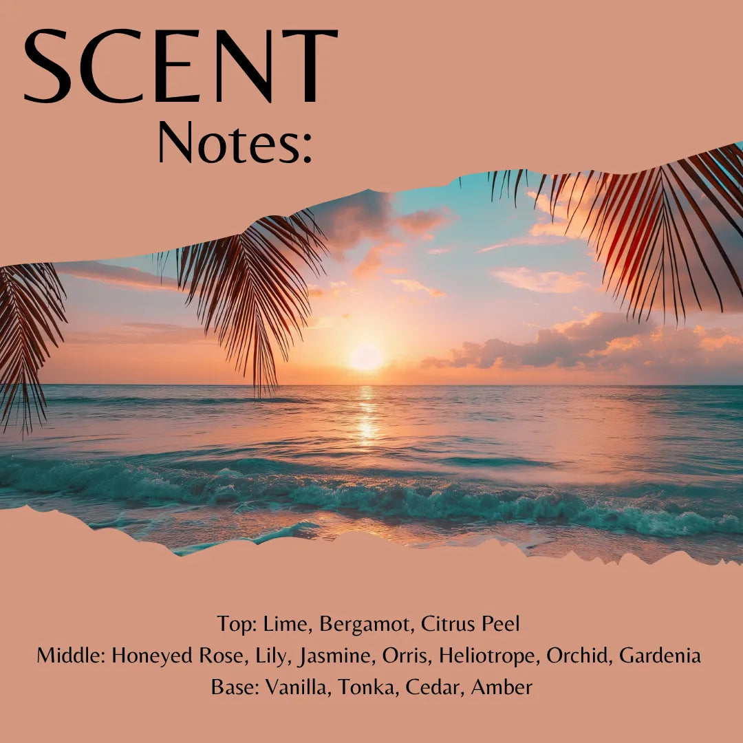Scent Notes: tropical beach sunset fragrance profile with palm leaves framing a sunset ocean scene on a peach background, with text listing citrus, rose, lily, jasmine, orris, heliotrope, orchid, gardenia, vanilla, tonka, cedar, and amber notes.