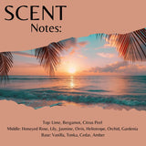 Scent Notes: tropical beach sunset fragrance profile with palm leaves framing a sunset ocean scene on a peach background, with text listing citrus, rose, lily, jasmine, orris, heliotrope, orchid, gardenia, vanilla, tonka, cedar, and amber notes.