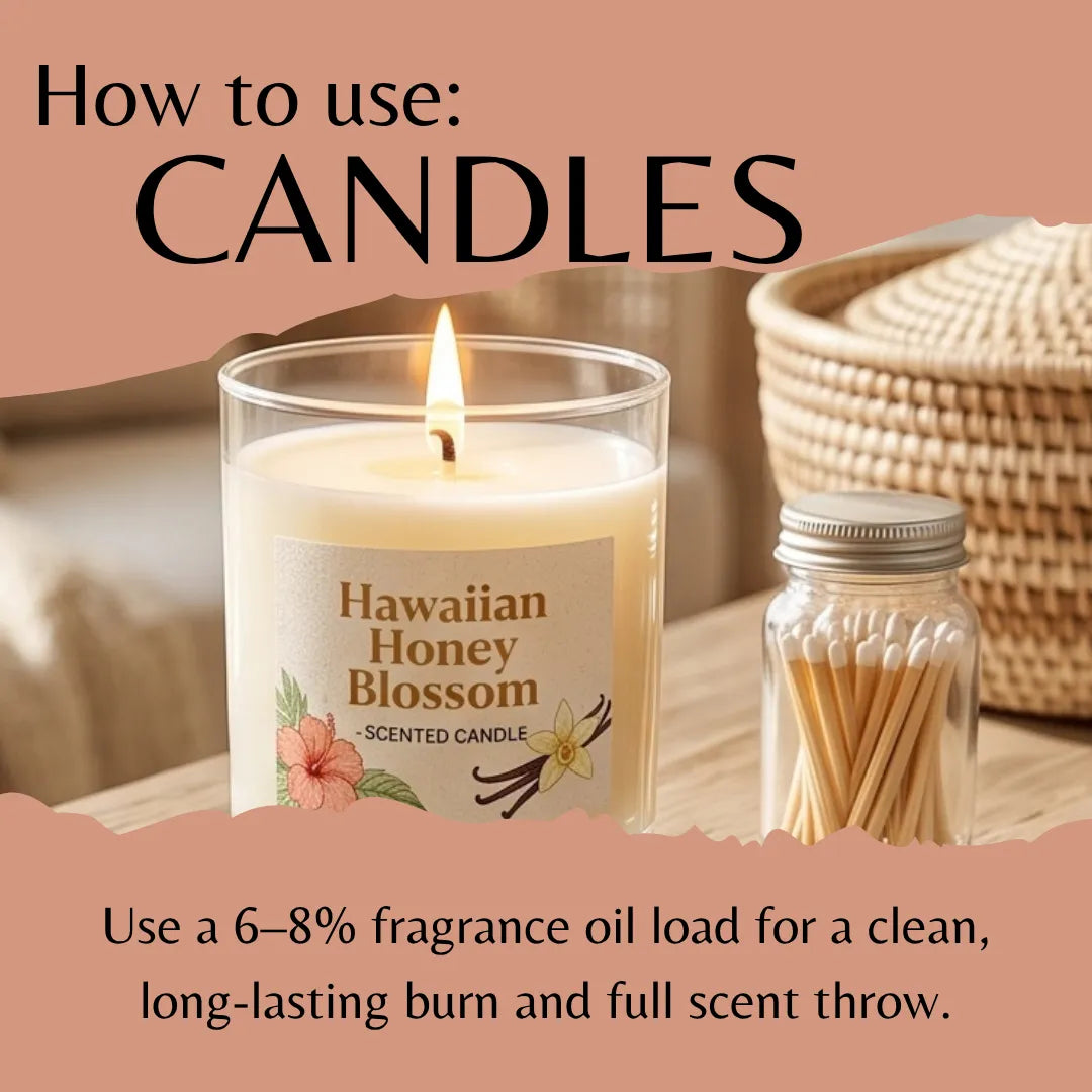 An instructional graphic titled 'How to use: CANDLES' shows a lit jar candle labeled 'Hawaiian Honey Blossom' alongside a small jar of wooden wicks and matches on a tabletop.