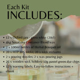 A product information graphic with a sage green header reading 'Each Kit INCLUDES:' and a list of included items such as 12 Oxford jars, 4kg SoyaLuna wax blend, 2 x 100ml bottles of Herbal Bouquet oil, wicks, pouring nozzles, wooden wick holders, and labels. The background is a softly blurred photo of wax melting and oil bottles.