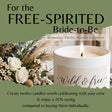 Promotional graphic for a 'Wild & free' candle, featuring a lit white candle with a beige label, dried flowers, and a sage green background with text offering a 25% saving when buying twelve candles with your crew.