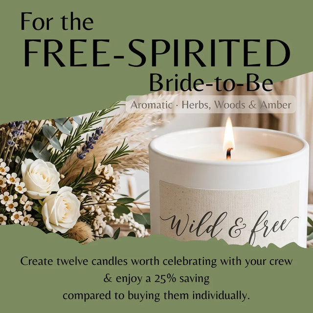 Promotional graphic for a 'Wild & free' candle, featuring a lit white candle with a beige label, dried flowers, and a sage green background with text offering a 25% saving when buying twelve candles with your crew.
