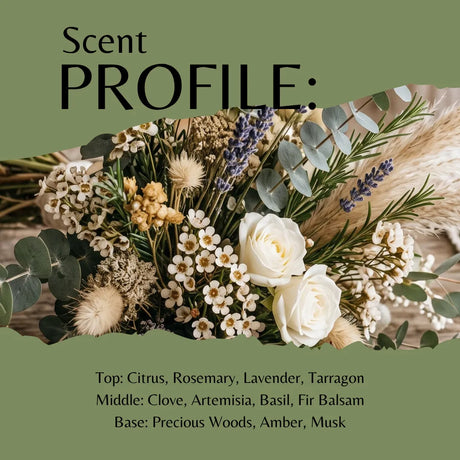 Scent profile graphic for a floral fragrance, showing a dried and fresh floral bouquet on a muted olive green background with text reading 'Scent PROFILE:' and a list of notes including citrus, rosemary, lavender, tarragon, clove, Artemisia, basil, fir balsam, precious woods, amber, and musk.
