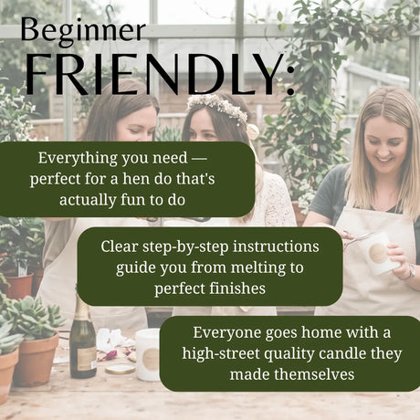 Promotional graphic for a beginner-friendly candle-making kit, featuring three women in a greenhouse setting with text overlays describing the kit's features.