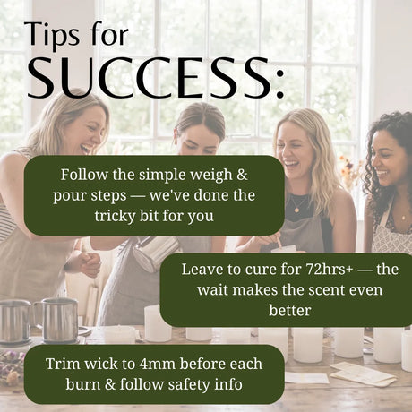 Promotional graphic with the headline 'Tips for SUCCESS:' over a softly blurred kitchen scene showing four women. Three dark green text boxes contain tips about weighing and pouring, curing time, and trimming the wick.