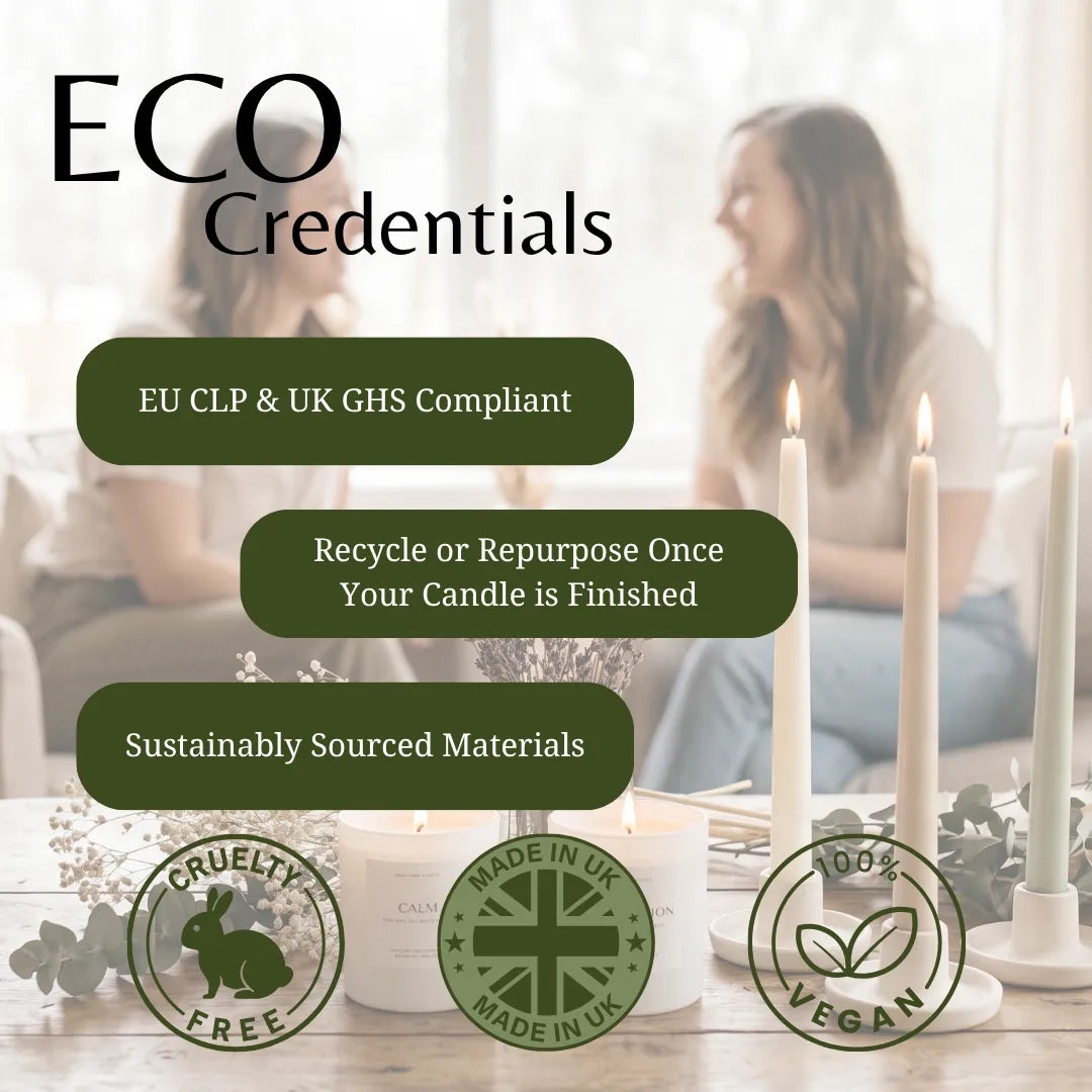 Promotional graphic for 'ECO Credentials' featuring three lit white taper candles, a white jar candle, and three dark green text banners detailing product benefits: 'EU CLP & UK GHS Compliant', 'Recycle or Repurpose Once Your Candle is Finished', and 'Sustainably Sourced Materials'. Three circular badges at the bottom highlight 'Cruelty Free', 'Made in UK Made in UK', and '100% Vegan'.