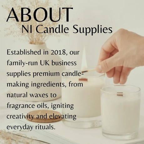 Promotional graphic for NI Candle Supplies featuring a hand lighting a candle with a match, alongside a lit candle and an unlit glass jar candle on a light surface. Large text reads 'ABOUT NI Candle Supplies' with company history below.