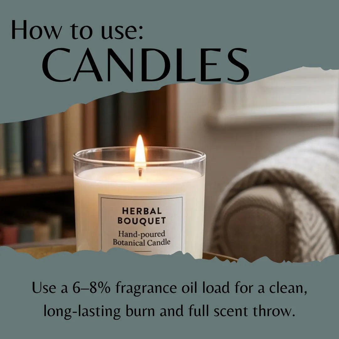 A lit Herbal Bouquet candle in a clear glass jar with a white label, shown in a cozy indoor setting with a torn-paper style graphic overlay reading 'How to use: CANDLES' and usage text below.