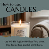 A lit Herbal Bouquet candle in a clear glass jar with a white label, shown in a cozy indoor setting with a torn-paper style graphic overlay reading 'How to use: CANDLES' and usage text below.