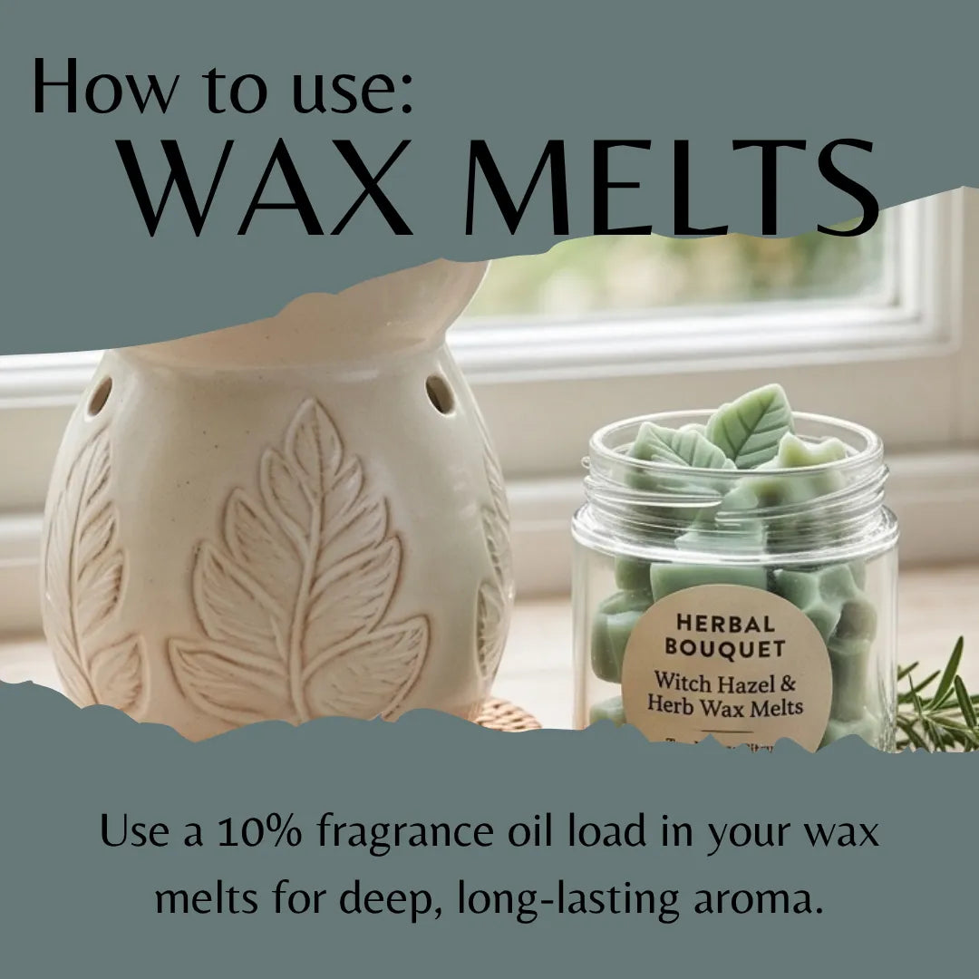 Instructional graphic titled 'How to use: WAX MELTS' showing a cream-colored leaf-patterned wax warmer and a clear jar labeled 'HERBAL BOUQUET Witch Hazel & Herb Wax Melts' on a windowsill.