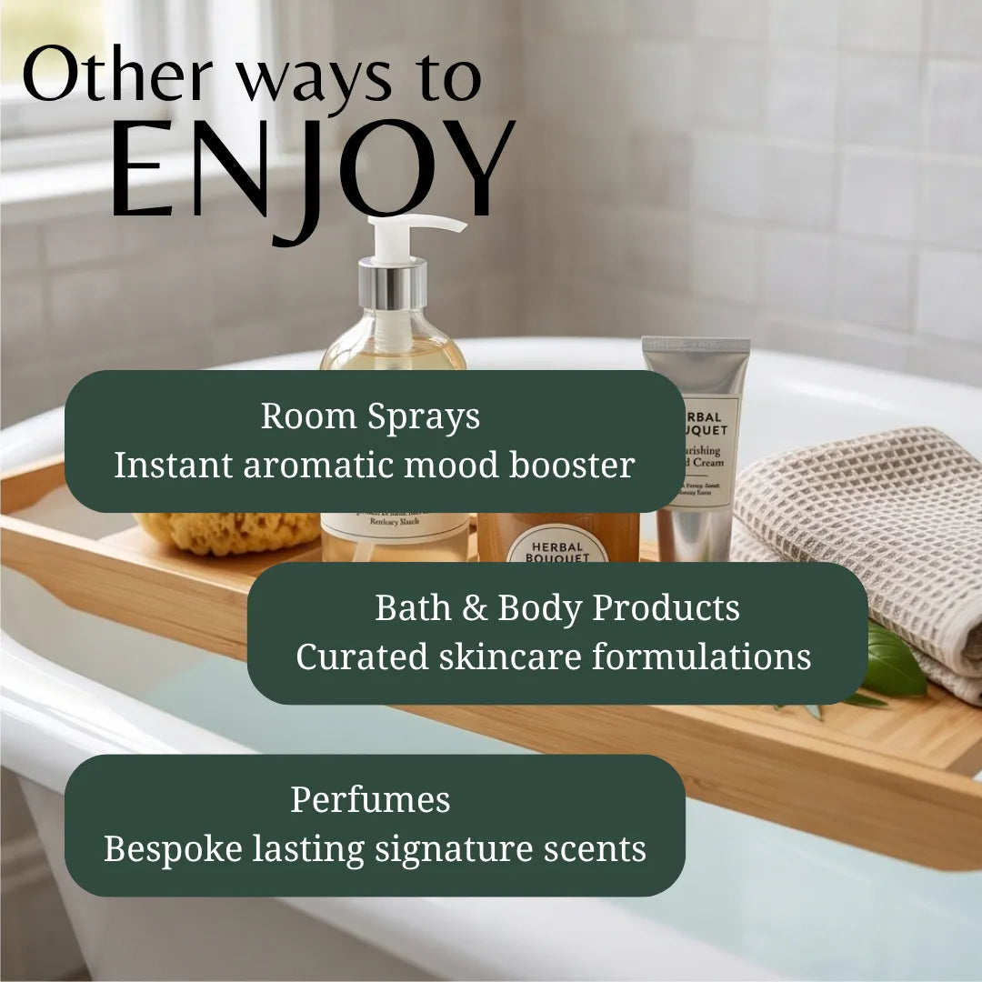 A promotional graphic showing bath and body products arranged on a wooden tray in a bathtub, with overlaid text reading 'Other ways to ENJOY' and three callouts: Room Sprays, Bath & Body Products, and Perfumes.