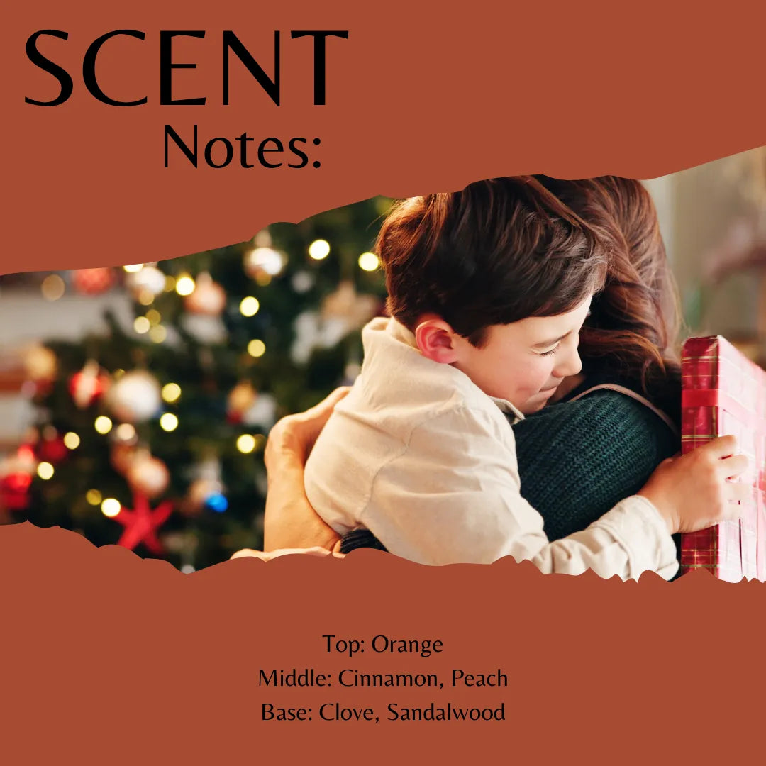 Scent Notes graphic with a torn-paper collage showing a woman and child hugging in front of a Christmas tree, with scent profile text listing Orange, Cinnamon, Peach, Clove, and Sandalwood.
