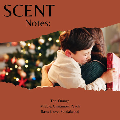Scent Notes graphic with a torn-paper collage showing a woman and child hugging in front of a Christmas tree, with scent profile text listing Orange, Cinnamon, Peach, Clove, and Sandalwood.