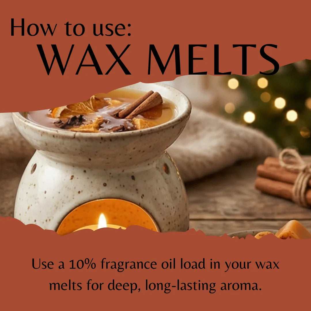 Instructional graphic titled 'How to use: WAX MELTS' showing a ceramic wax warmer with a candle flame, citrus slices, cinnamon sticks, and a cozy holiday background. Text at the bottom reads, 'Use a 10% fragrance oil load in your wax melts for deep, long-lasting aroma.