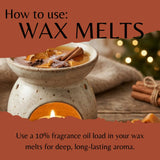 Instructional graphic titled 'How to use: WAX MELTS' showing a ceramic wax warmer with a candle flame, citrus slices, cinnamon sticks, and a cozy holiday background. Text at the bottom reads, 'Use a 10% fragrance oil load in your wax melts for deep, long-lasting aroma.