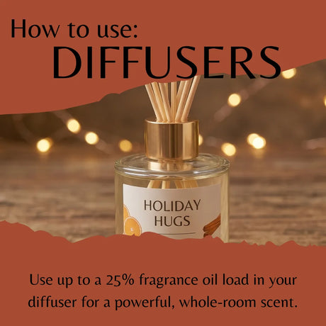 A reed diffuser bottle labeled 'Holiday Hugs' with wooden reeds in a gold cap, shown with overlaid text reading 'How to use: DIFFUSERS' and usage instructions on a warm blurred background with bokeh lights.