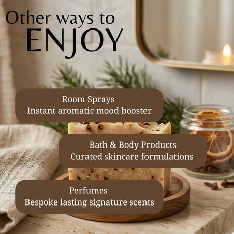 A styled promotional graphic with the headline 'Other ways to ENJOY' over a bar of soap on a wooden tray. Text callouts mention Room Sprays, Bath & Body Products, and Perfumes.