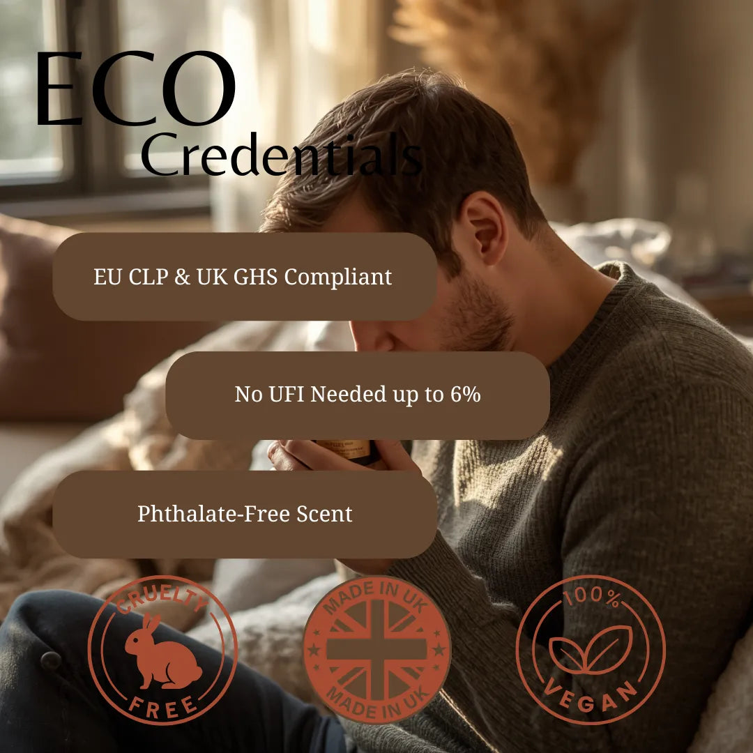 A man in a cozy indoor setting wearing a gray knit sweater, with large text overlays reading 'ECO Credentials' and feature callouts including 'EU CLP & UK GHS Compliant', 'No UFI Needed up to 6%', and 'Phthalate-Free Scent'. Three circular badges at the bottom say 'Rabbit Free', 'Made in UK', and '100% Vegan'.