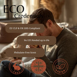 A man in a cozy indoor setting wearing a gray knit sweater, with large text overlays reading 'ECO Credentials' and feature callouts including 'EU CLP & UK GHS Compliant', 'No UFI Needed up to 6%', and 'Phthalate-Free Scent'. Three circular badges at the bottom say 'Rabbit Free', 'Made in UK', and '100% Vegan'.