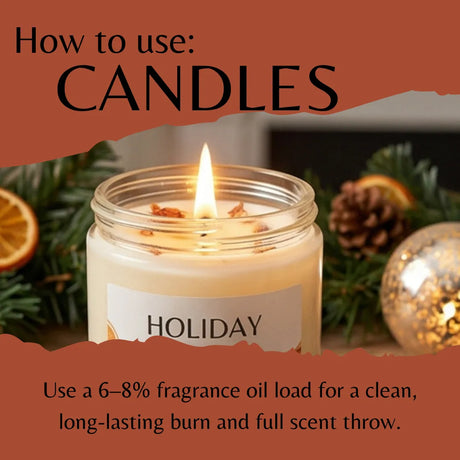 A lit jar candle labeled 'HOLIDAY' with text overlays reading 'How to use: CANDLES' and usage instructions about fragrance oil load, shown with holiday-themed props like pine branches, a pinecone, and dried orange slices.