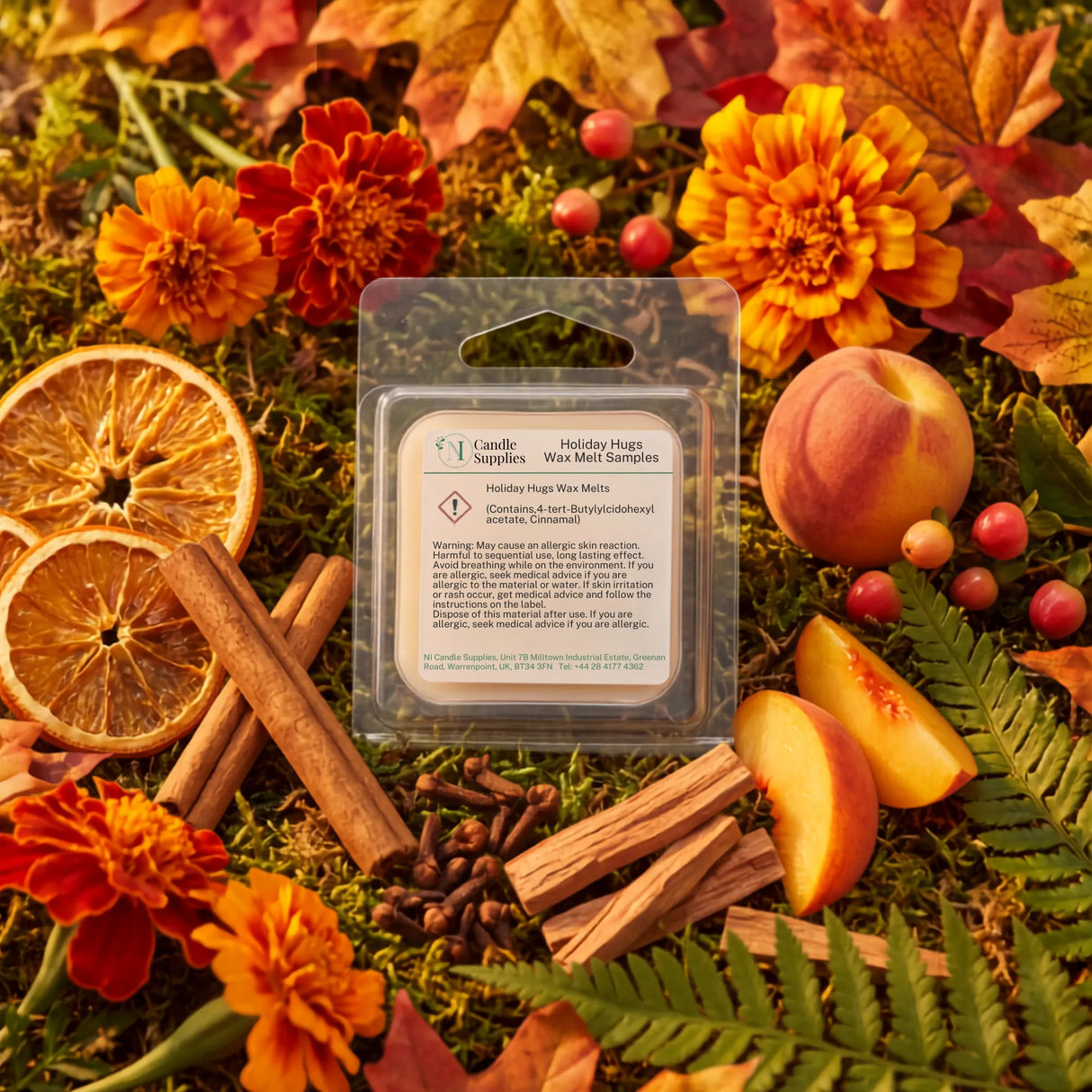 A clear plastic clamshell wax melt package labeled 'Holiday Hugs' sits centered on a bed of autumn-themed props including dried orange slices, cinnamon sticks, cloves, pine needles, leaves, flowers, and fruit, creating a warm seasonal scene.