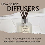 A reed diffuser bottle labeled 'Cosy Nights Hot Chocolate' with several dark reeds in a clear cap, shown against a white tiled background with beige text overlays reading 'How to use: DIFFUSERS' and usage instructions.
