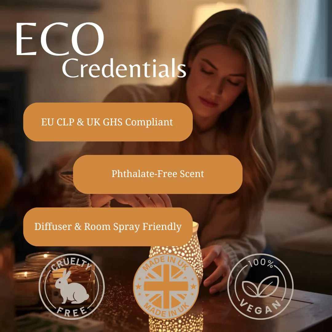 A woman in a cozy room uses a glowing decorative candle diffuser, with large text reading 'ECO Credentials' and feature callouts including 'EU CLP & UK GHS Compliant', 'Phthalate-Free Scent', and 'Diffuser & Room Spray Friendly'.